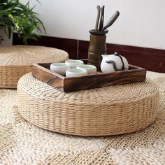 Straw Floor Pouf, Meditation Cushion - - Round Chair Cushions, Meditation Room Decor, Meditation Mat, Zen Room, Floor Sitting, Restaurant Seating, Bantal Sofa, Floor Pouf, Woven Pillows