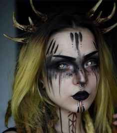 Earth Witch Makeup Ideas, Lilith Goddess Makeup, Female Demon Makeup Halloween, Dark Viking Makeup, Viking Seer Makeup, Tiefling Cosplay Makeup, Mens Demon Makeup, Dark Sorceress Makeup, Drow Elf Makeup