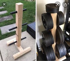 two pictures side by side, one with dumbbells and the other with barbells