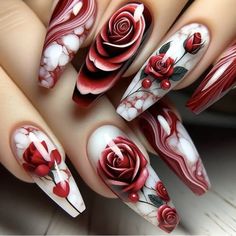 24pcs Long Ballerina Grunge Gothic Press-On Nails Set - Glossy Red Punk Floral Design, Full Cover Acrylic Fake Nails For Women & Girls Nike Ideas, Ballet Nails, Nagel Tips, Coffin Press On Nails, Photography Makeup, Striped Nails, Nail Forms, Dark Nails, Flower Nail Art