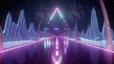 an animated scene with palm trees and neon lights