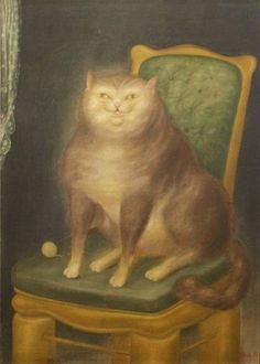 a painting of a cat sitting on a green chair