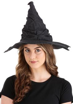 You’re a busy little witch and sometime your hat suffers for it.  But who knows, maybe you will start a new trend among your coven.  This update to the classic with hat has a batwing brim and is made from a dark denim.  Includes a hook and loop internal size adjustor.  Outer shell of crown… Finding The Right Career, Witch Accessories, Black Witch Hat, Witch Shoes, Witch Costumes, Witch Hats, Cast A Spell, Purple Lipstick, Black Witch