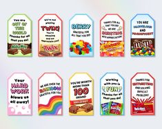 colorful candy gift tags with sayings and images on them for birthdays, valentine's day or any special occasion