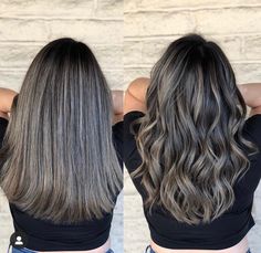 Partial Babylights On Dark Hair, Dark Brown With Ash Highlights, Black Hair With Gray Highlights, Dark Brown Hair With Ashy Highlights, Black Hair With Ash Highlights, Ashy Babylights On Dark Hair, Smokey Ash Brown Balayage Dark, Mushroom Hair