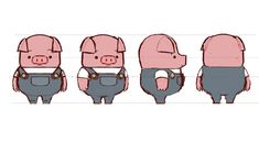 three pigs in overalls are shown with different angles