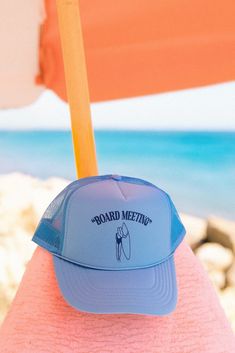 Get beach-ready with our 'Board Meeting' hat! Printed on a foam trucker. Perfect for sunny days by the shore, it's your go-to for chill vibes and fun times under the sun. I do not accept returns or exchanges! I am not responsible for missing/stolen packages please contact your local post office. If your item comes damaged please message me!  If you need to rush your order please message me to make sure I am able to fulfill the order in the desired timeframe. You are responsible to update your shipping method in the checkout.  For wholesale inquires please message me! Blue Summer Trucker Hat For Travel, Summer Trucker Hat In Blue For Travel, Blue Flat Brim Trucker Hat For Beach, Blue Baseball Cap For Beach Season, Fun Flat Brim Trucker Hat For The Beach, Blue Adjustable Summer Trucker Hat, Adjustable Blue Trucker Hat For Beach, Blue Adjustable Trucker Hat For Summer, Blue Trucker Snapback Hat For Beach