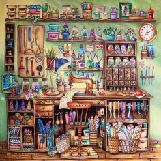 a painting of a sewing machine in a room with lots of items on the shelves