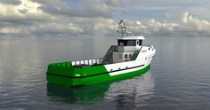 a green and white boat floating on top of the ocean next to a cloudy sky