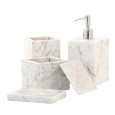 white marble bathroom accessories set with soap dispenser and tissue dispenser