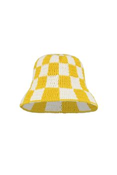 The Checkered Crochet Bucket Hat features a narrow, downward-sloped brim, perfect for shading the face from the sun or folding up for a chic, contemporary vibe. Retro Crochet Hat With Curved Brim For Vacation, Chic Yellow Hat For The Beach, Chic Yellow Beach Hat, Retro Brimmed Bucket Hat For Beach, Retro Short Brim Bucket Hat For The Beach, Retro Short Brim Bucket Hat For Beach, Retro Beach Bucket Hat With Short Brim, Trendy Flat Brim Cloche Hat For Beach, Trendy Yellow Brimmed Hat