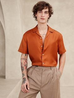 Lyam Silk Resort Shirt | Banana Republic Coofandy Mens Fashion, Luxury Resort Wear Men, Garden Wedding Attire Men, Men’s Silk Shirt, Men Fashion Colorful, Vintage Shirt Outfit Men, Fun Mens Fashion, Flamboyant Outfits Men, Mens Silk Shirt Outfit