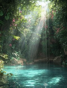 the sun shines through the trees and leaves over a pool in a tropical forest