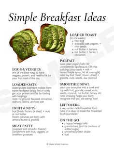 a recipe for toast with avocado on top and the words, simple breakfast ideas