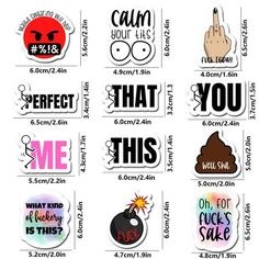 various stickers with different phrases on them