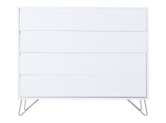 a white chest of drawers with three metal legs