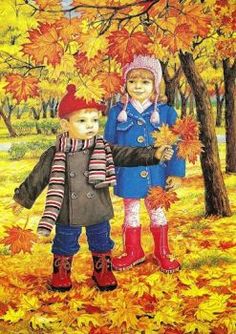 two children standing in the leaves under a tree with fall colors on it and one holding an umbrella