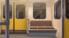 the interior of a subway car with yellow doors and benches on each side, along with metal railings