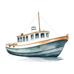 a watercolor painting of a boat floating on the water with no people around it