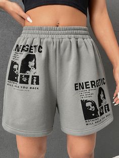 Shorts gráfico de letras e figuras Cinza Casual   Tecido de malha Figura,Slogan Shorts de esporte Elasticidade Baixa  Women Clothing, size features are:Bust: ,Length: ,Sleeve Length: Jordan 4 Fits, Slogan Clothes, Street Style Outfits Casual, Drawstring Waist Shorts, Spring Shorts, Women Shorts, Track Shorts, Shorts Casual