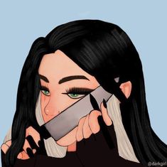 a woman with long black hair holding a knife to her face