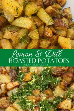 lemon and dill roasted potatoes with parsley on top, served in a white bowl