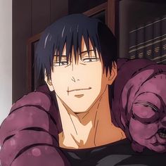 an anime character with black hair and purple eyes, holding his arm over his shoulder