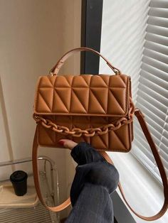 Shein Bags, Retro Bags, Popular Handbags, Professional Bag, Simple Diamonds, Brown Handbag, Brown Purses, Ball Pendant, Black Chain