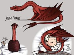 an image of a cartoon character sleeping in bed with a red dragon on it's head