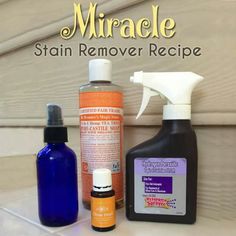 several different types of cleaning products sitting on a counter with the words, miracle stain remover recipe