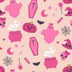 pink halloween wallpaper with skulls, tombstones and other items on it's surface