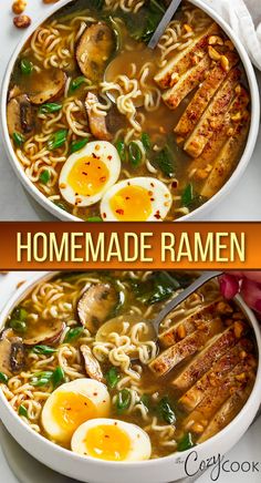 homemade ramen with slices of chicken, hardboiled eggs, mushrooms, and noodles. Savory Noodles, Koreansk Mad, Pork Ramen, Plats Healthy, Ramen Recipe, Juicy Chicken