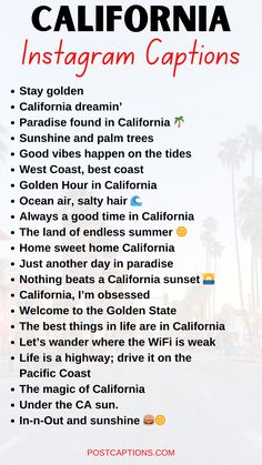 the california instagramn caption is shown in red and black with palm trees