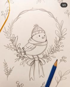 a drawing of a bird with a hat and scarf on it's head sitting in a wreath