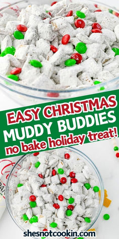 Christmas muddy buddies in a glass bowl. Holiday Puppy Chow, Christmas Puppy Chow, Santa Chocolate, Christmas Snack Mix, Puppy Chow Christmas, Reindeer Chow, Christmas Snacks Easy, Puppy Chow Chex Mix Recipe, Chex Mix Christmas