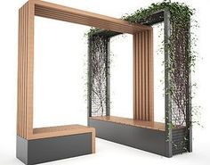 an open wooden frame with plants growing out of it and on the sides, in front of a white background