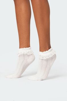 Socks Lace frill detailing Cotton, Spandex Measurements (In): Length 10.4 Item care: Wash with similar color Cute White Socks, White Frilly Socks, White Samba, Frill Socks, Socks Lace, Frilly Socks, Carpenter Shorts, Boyfriend Denim, Lace Socks