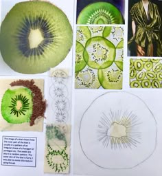 an assortment of green and brown items displayed on a white tablecloth with information about them