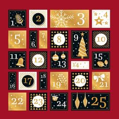 a red and gold christmas calendar with numbers, ornaments and decorations on it's sides