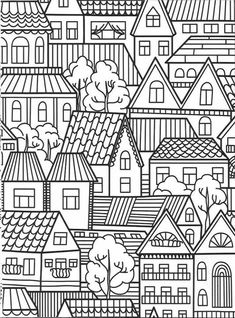 a black and white drawing of houses with trees