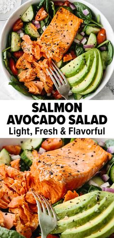 salmon and avocado salad in a white bowl with a fork on the side