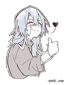 a drawing of an anime character with long hair and blue eyes, giving the thumbs up