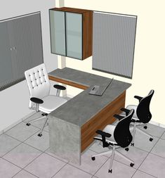 an office cubicle with two chairs and a desk