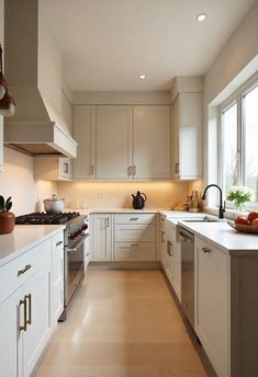 a kitchen filled with lots of white cabinets and counter top space next to a window