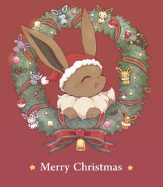 a merry christmas card with a bunny in a wreath