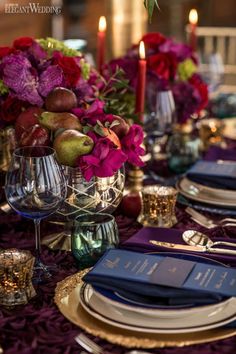 A dark palette of navy, purple and burgundy (inspired by fall) set the stage for this moody, regal wedding theme. Regal Wedding Theme, Regal Wedding, Decoration For Party, Fruit Decoration, Party Centerpieces, Place Settings, Wedding Theme, Fruit