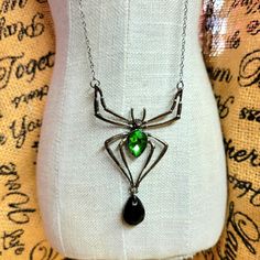 Nwt Adorable Spider Necklace Pendant 2 3 Spider Has A Green Rhinestone And Holding A Black Rhinestone Very Cute Perfect For Halloween Adjustable Chain Nickel-free Halloween Party Necklace, Green Halloween Party Jewelry, Spider Necklace, Halloween Color, Halloween Coloring, Black Rhinestone, Adjustable Necklace, Flea Market, Necklace Pendant