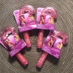 Four Packages Of Disney Princess Lip Gloss Strawberry Pm3 Disney Princess Lip Gloss, Lip Gloss Strawberry, Macaron Lip Balm, Gum Flavors, Bubble Gum Flavor, Strawberry Lip Balm, Girly Christmas, Strawberry Color, White Lips