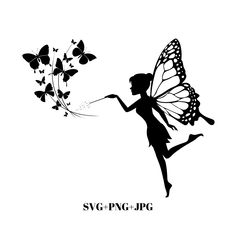 a black and white silhouette of a girl with butterflies on her back, flying through the air