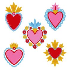 four heart shaped stickers are shown in different colors and shapes, each with a sunburst on top